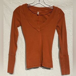 Free People Burnt Orange V-Neck Long Sleeve Top